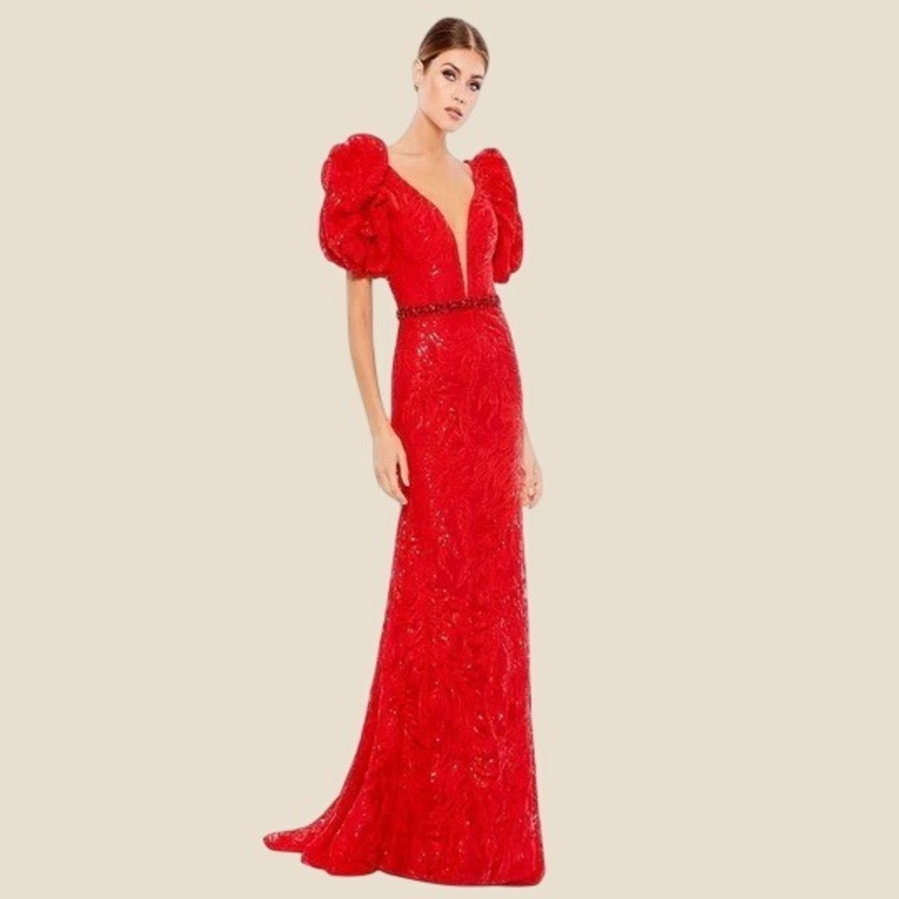 Mac Duggal Red Puff-Sleeve Embellished V-Neck Maxi Gown